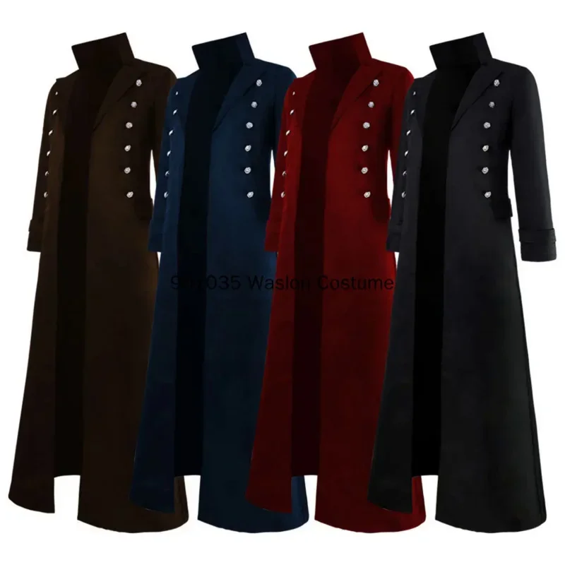 

Женский винтажный средневековый костюм, черная длинная куртка в стиле стимпанк, пальто для косплея вампира, пиратский наряд на Хэллоуин, Мужской плащ-тренчкот