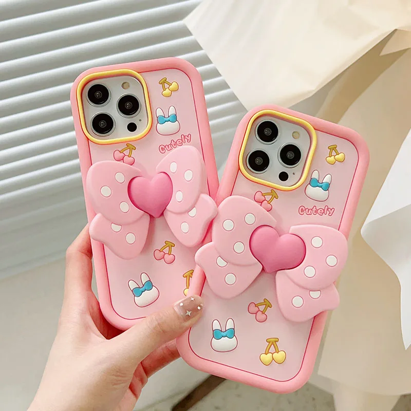 

Cute Love heart bowknot holder Silicone 3D Case For OPPO Reno 10 9 Pro 8 7 6 5 K9 A54 A55 A56 A92S A53 A72 A93 A96 A58 A97 girl