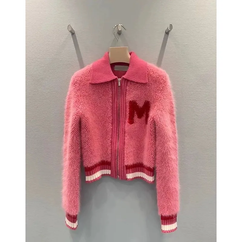 

Autumn Winter Letter M Knitted Cardigan Shoulder Pad Cashmere Mink Sweater Coat Striped Wool Zipper Knitwears Jacket Jumper H473