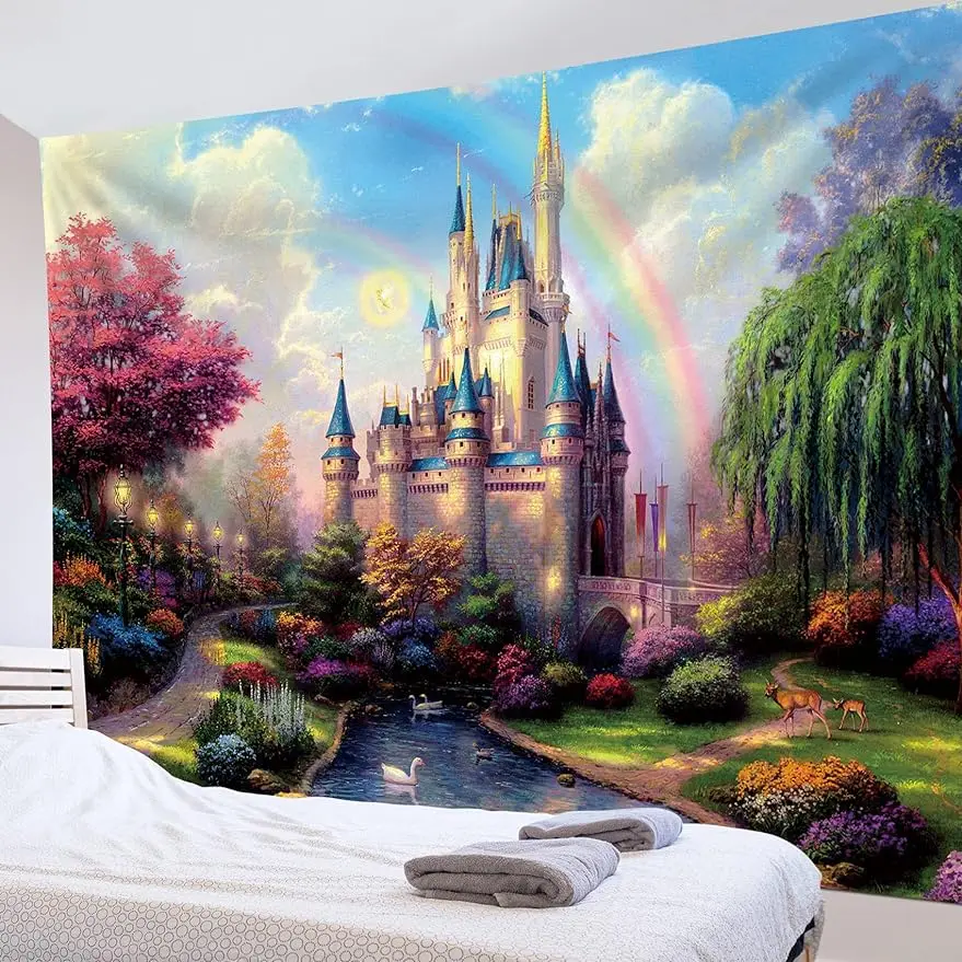 

Disney Castle Tapestry Trees and River in Fantasy Forest Wall Hanging Fairy Tale Tapestries for Kids Bedroom Living Room