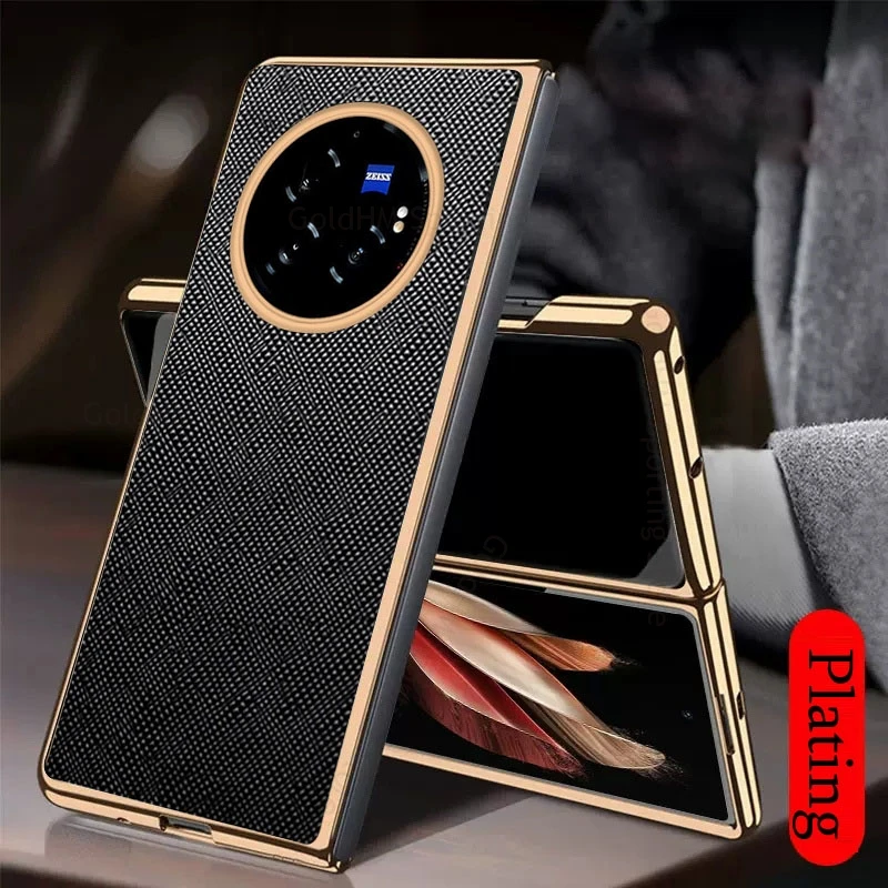 

Cross Leather Phone Plating Case For vivo X Fold3 Pro 5G Gold Electroplated Shockproof Cover For VIVO X Fold 3 Fold2 Flip Cover