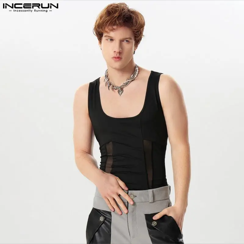 

INCERUN 2024 Sexy Mens Loungewear Mesh Splicing Deconstructive Design Bodysuits Stylish Thin Triangle Sleeveless Jumpsuits S-5XL