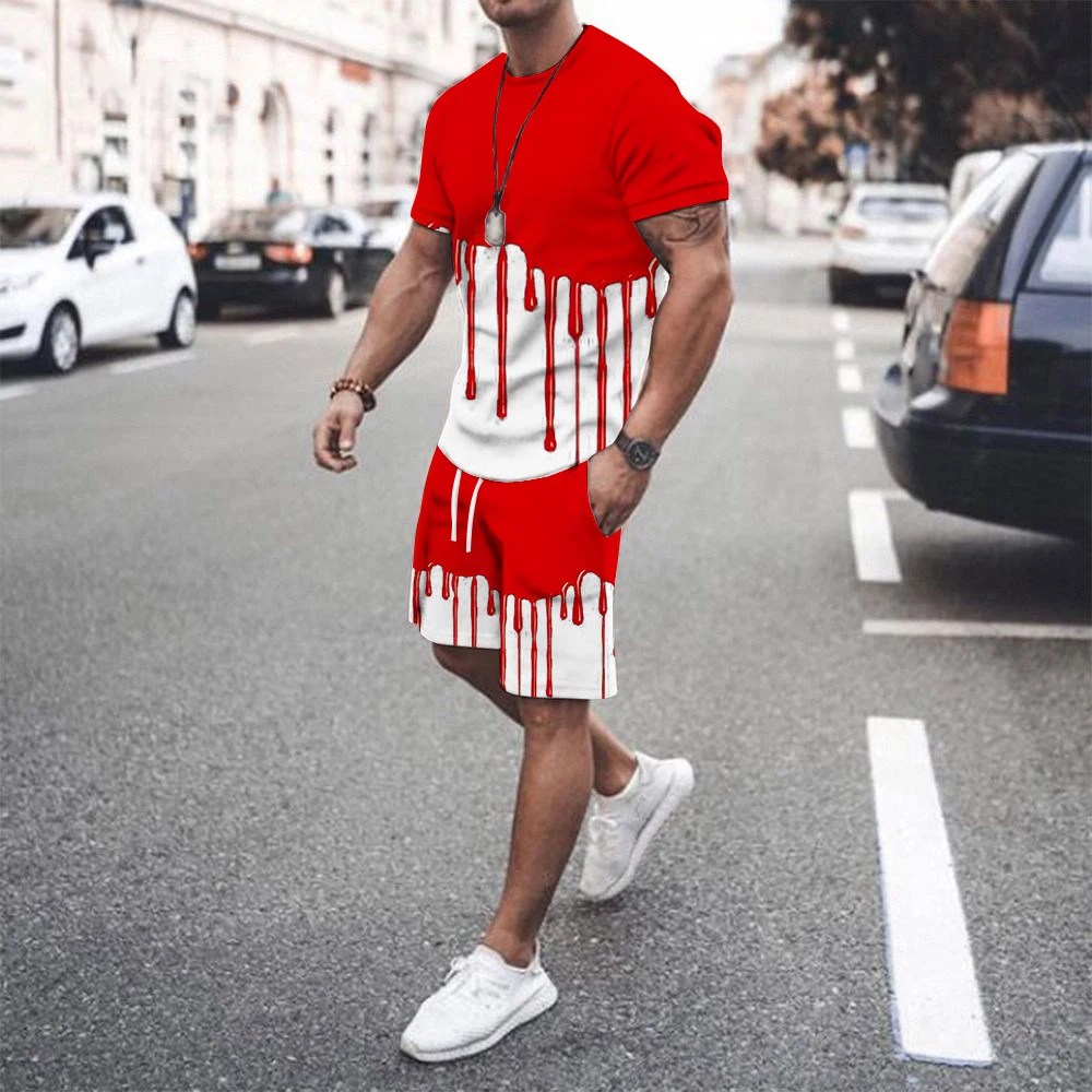 

New Men's Summer Fashion 2 Piece Set Tracksuits Casual Short Sleeves Maple Leaf 3D Print T-shirt+Shorts Pants Suits Male Clothes
