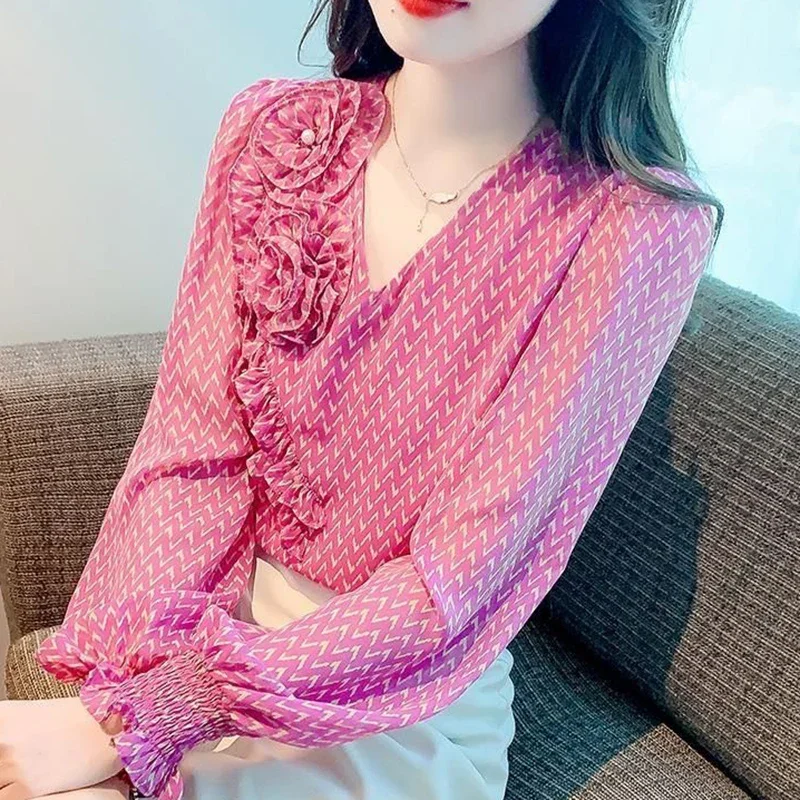 

Elegant Printed Spliced Beading Ruffles Blouses Women's Clothing Autumn Winter Loose All-match Tops Princess Sleeve Shirts N788