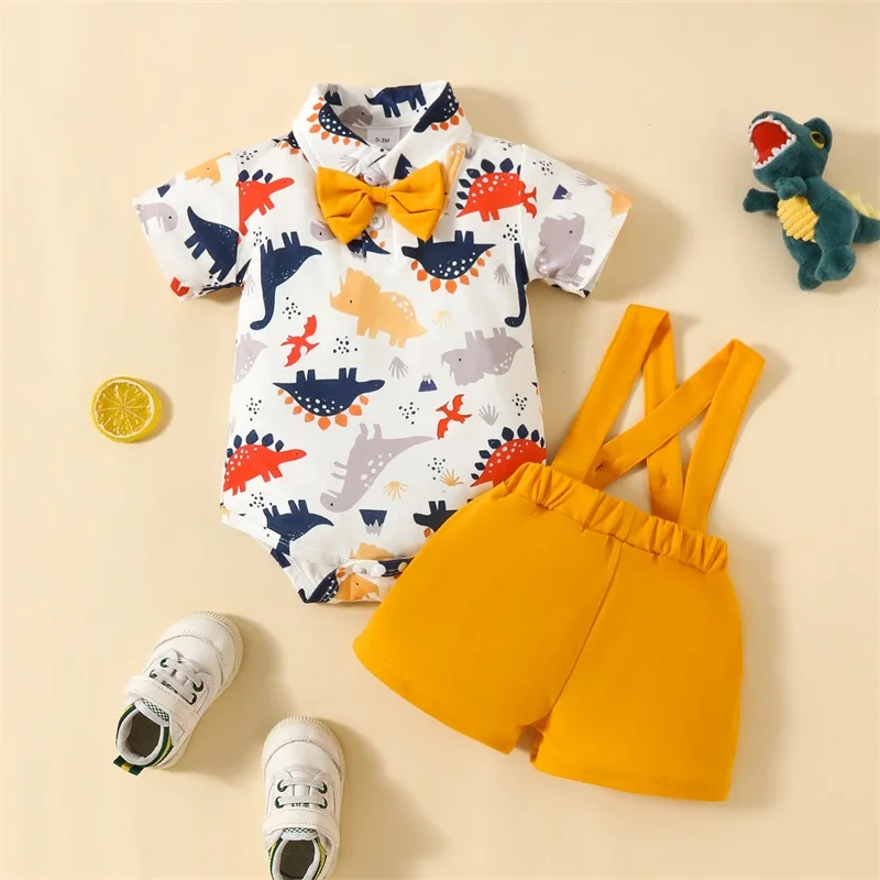 

Infant Boy Summer Gentleman Set Dinosaur Print Short Sleeve Lapel Button Romper with Suspender Shorts Outfits Fashion Boys Cloth