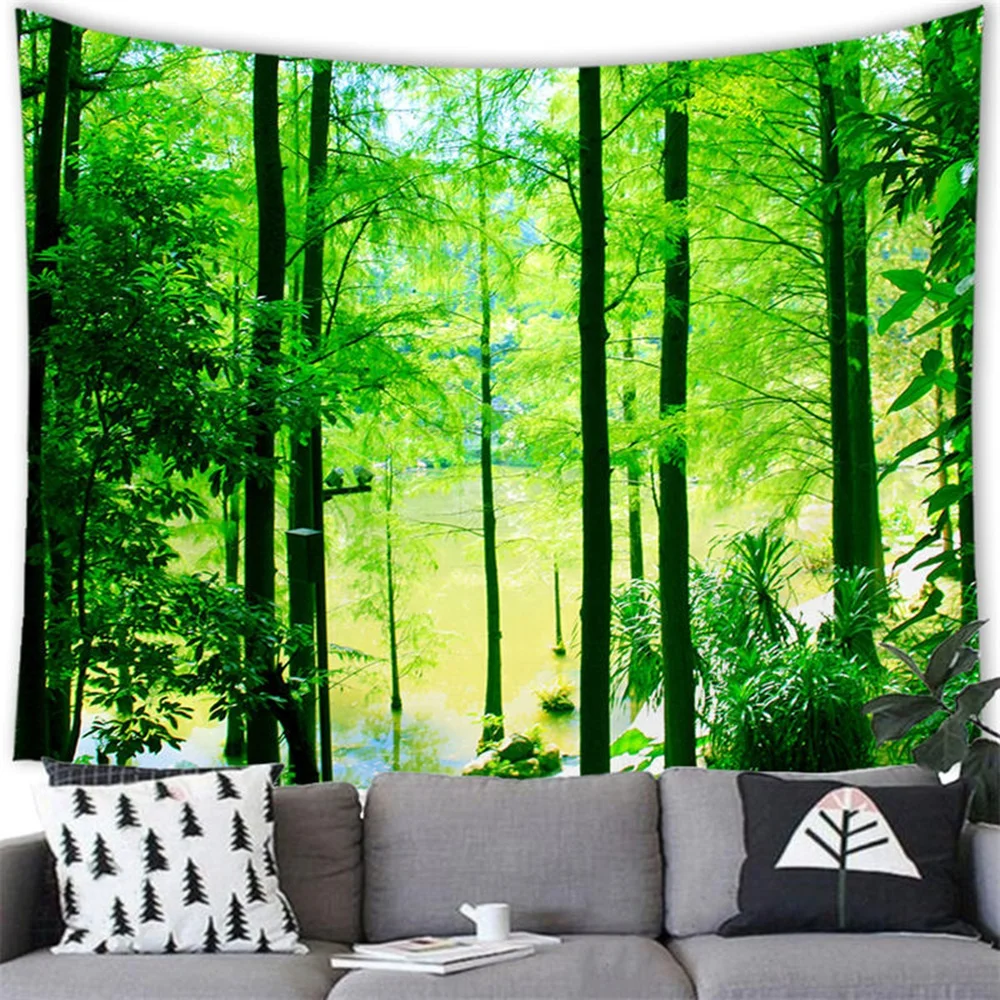 

Misty Green Forest Tapestry Grass Jungle Dark Tree Trunks Forest Scenery Tapestries Bedroom Living Room Dorm Decor Wall Hanging