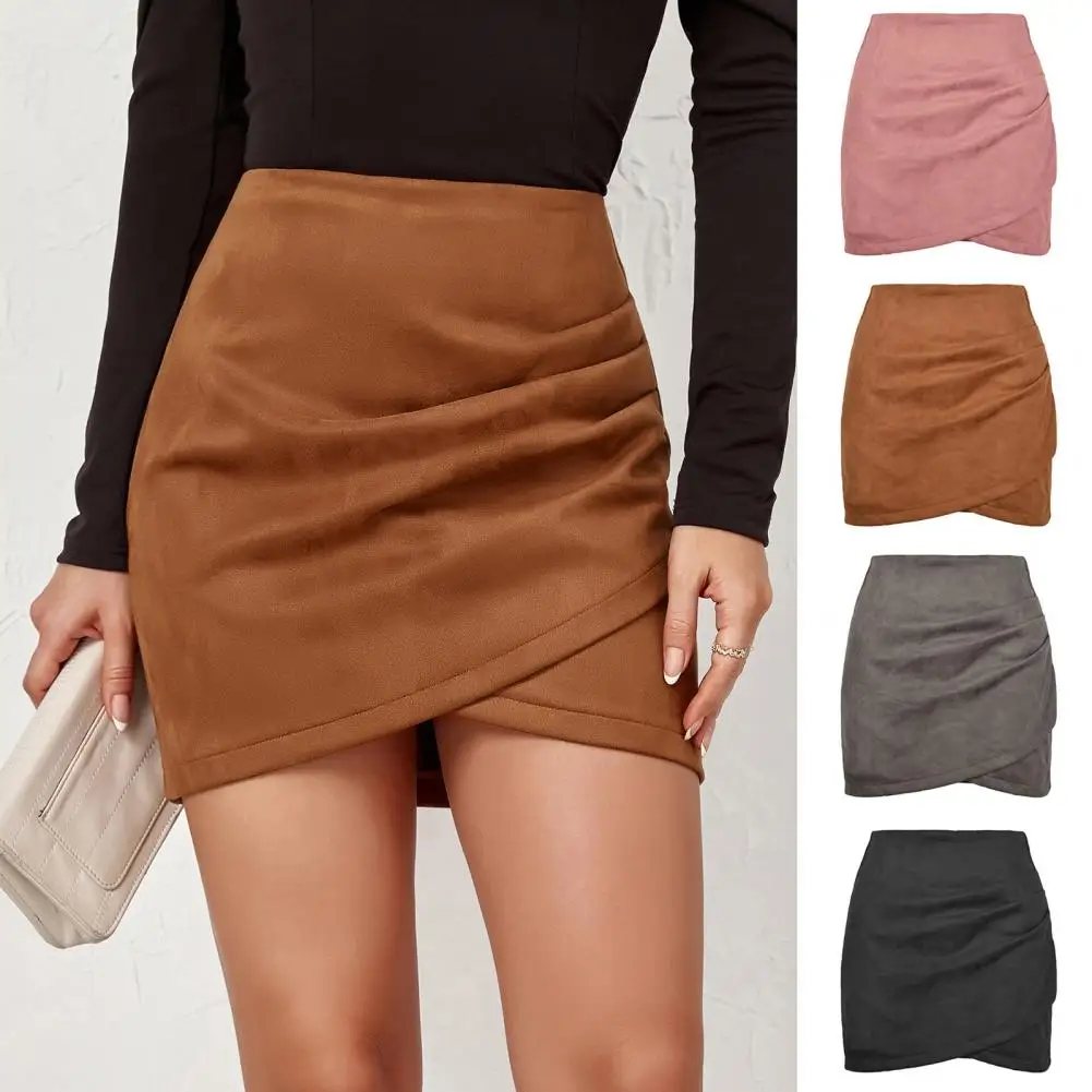 

2024 New Autumn Witner Solid Color Suede Skirt Pleated Cross Irregular Zipper Short Skirt Women Sexy Bodycon Office Lady Skirts