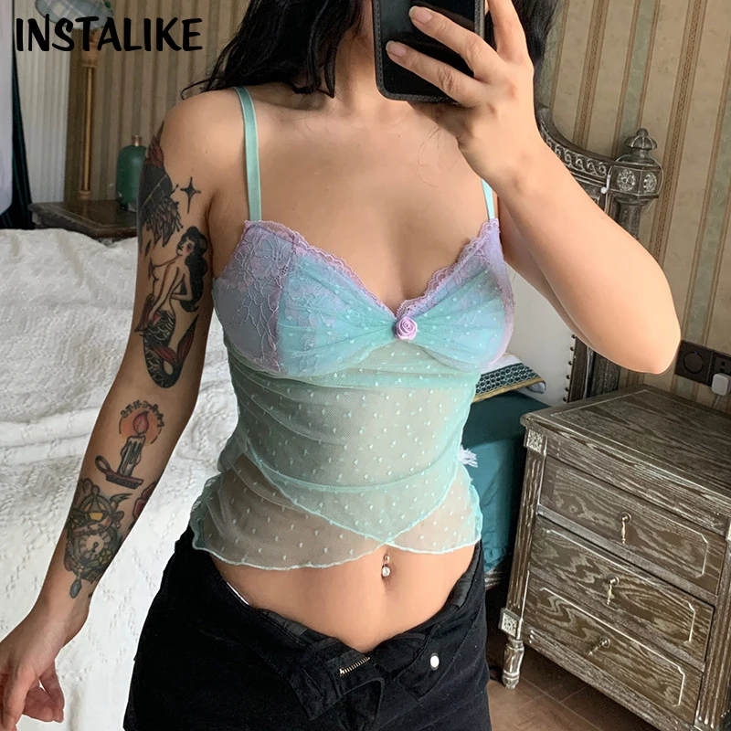 

InstaLike Sexy Y2K Frill Lace Trim Strap Mesh Top Chic Kawaii Camis Retro Fashion Summer Crop Tops Women See Through Aesthetic