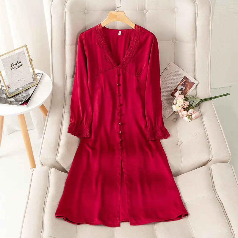 V-Neck Nightdress Gown Womens Sleepwear Satin Palace Style Nightgown Button-down Sexy Lace Sleepdress Long Sleeve Nightwear
V-Neck Nightdress Gown Womens Sleepwear Satin Palace Style Nightgown Button-down Sexy Lace Sleepdress Long Sleeve Nightwear