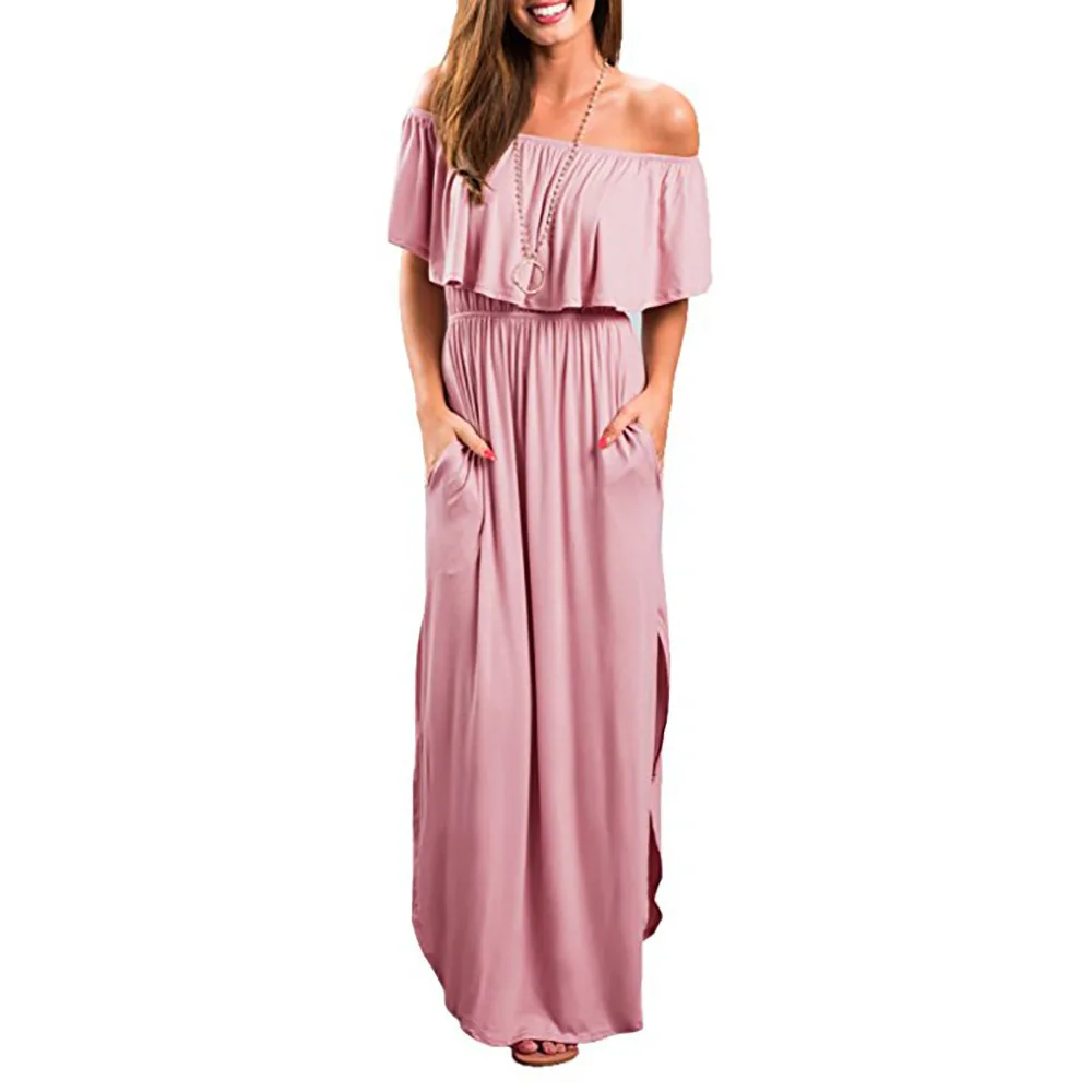 

2024 Spring/Summer Ruffled Shoulder Long Pocket Maxi Dress Bodycon Elegant Casual Vestidos De Tricô Femenino Streetwear Y2k