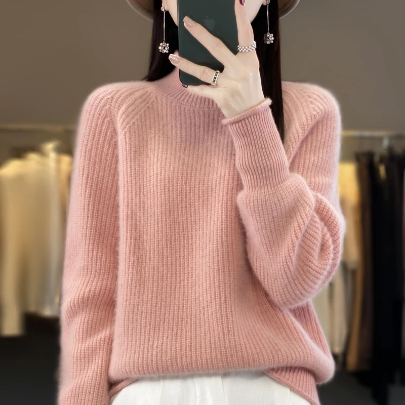 

DjzDsm Women's 100% Merino wool Top Ingot needle half turtleneck thickened loose fashion knit sweater 2024 new model