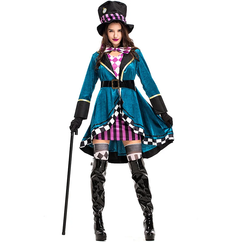 

Alice in Wonderland Clown Mad Hatter Costume for Adults Women Fantasias Sexy Magician Cosplay Halloween Carnival Magic Dress