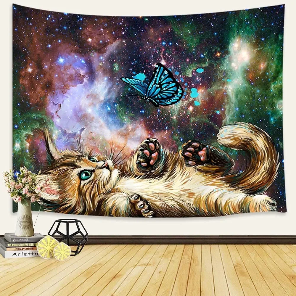 

Hippie Cute Cat Starry Night Tapestry Fantasy Animal Kitten Butterfly Nebula Galaxy Milky Way Space Psychedelic Wall Hanging