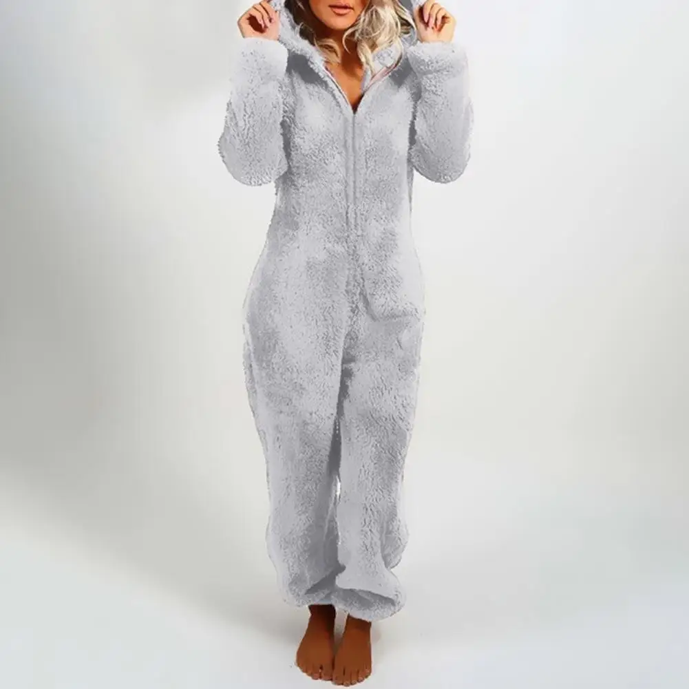 

Fuzzy Fleece Tracksuit Pajama Cozy Plush Hooded Winter Jumpsuit Pajamas for Women Soft One Piece Loungewear with Zipper Closure