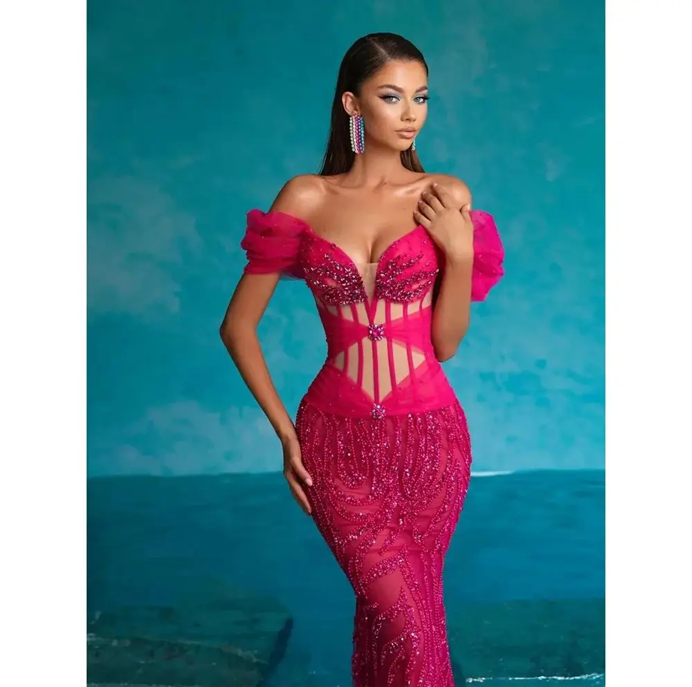 

Slim Pink Off The Shoulder Mermaid Evening Dress With Applique New Fashion Female Formal Banquet Party Prom Gowns