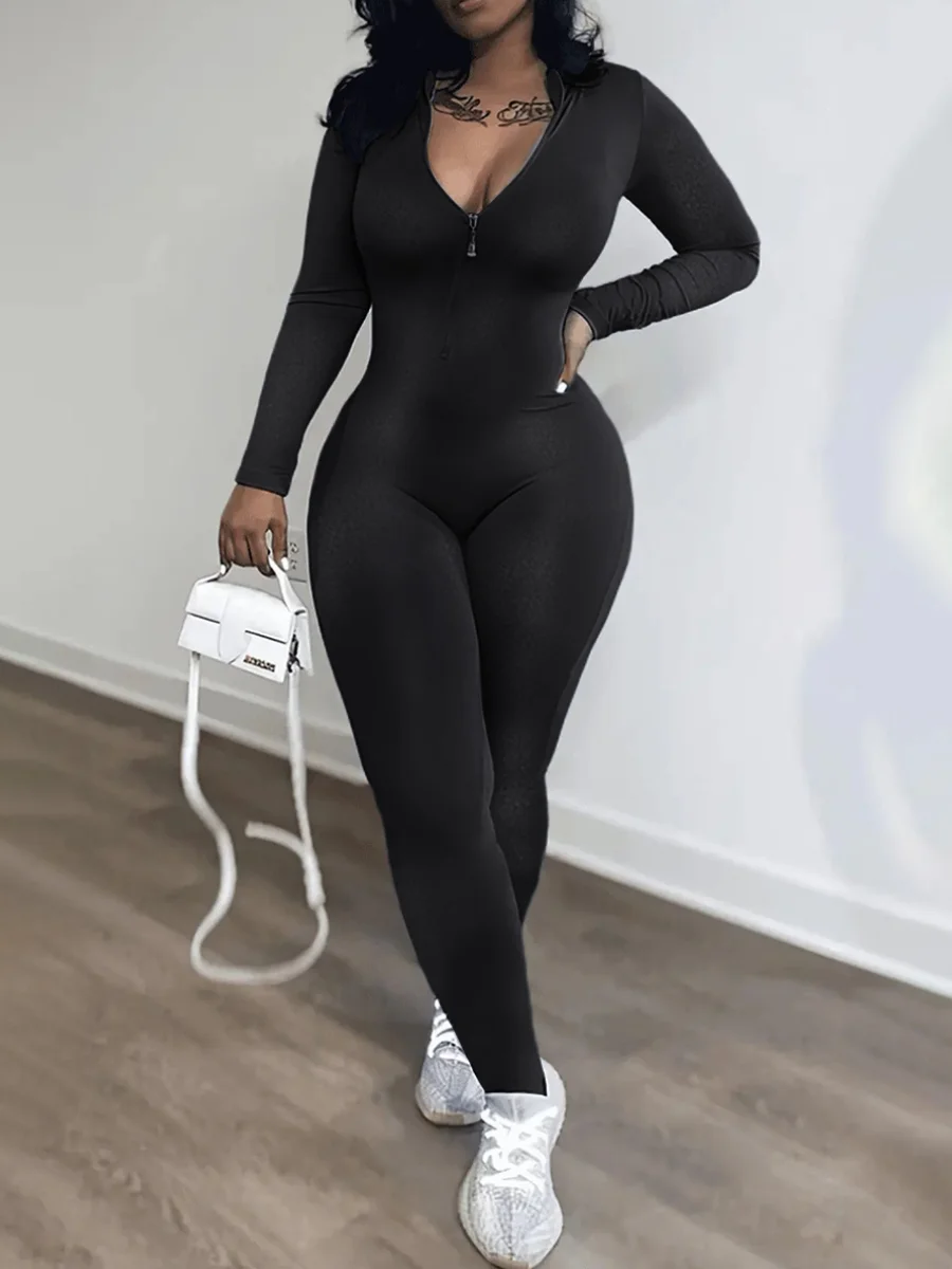 

LW Zipper Design Bodycon Jumpsuit Plain V Neck Pantsuits Solid Color Long Sleeve Skinny Casual Rompers Stretchy Trendy Bodysuits