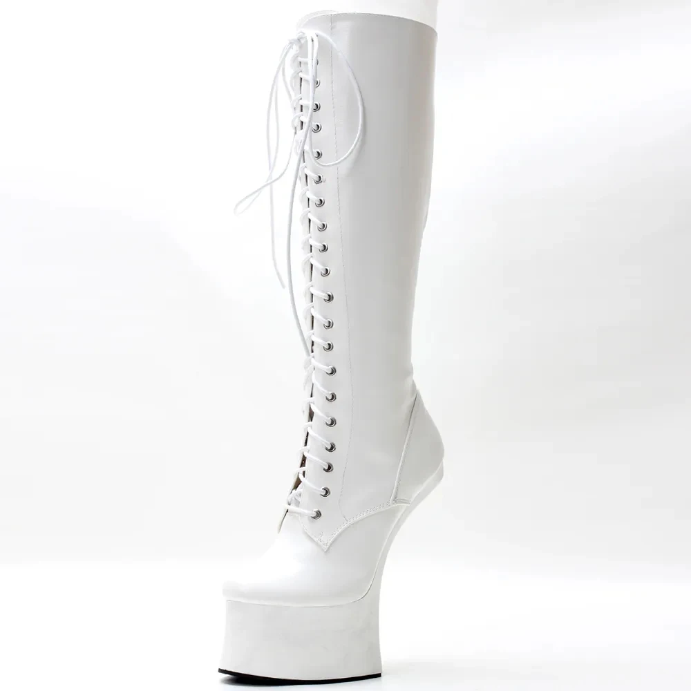 

18cm High Horseshoe heel Platform PU Leather Side-Zip Women Sexy Fetish Nightclub Cosplay Knee-high Boots