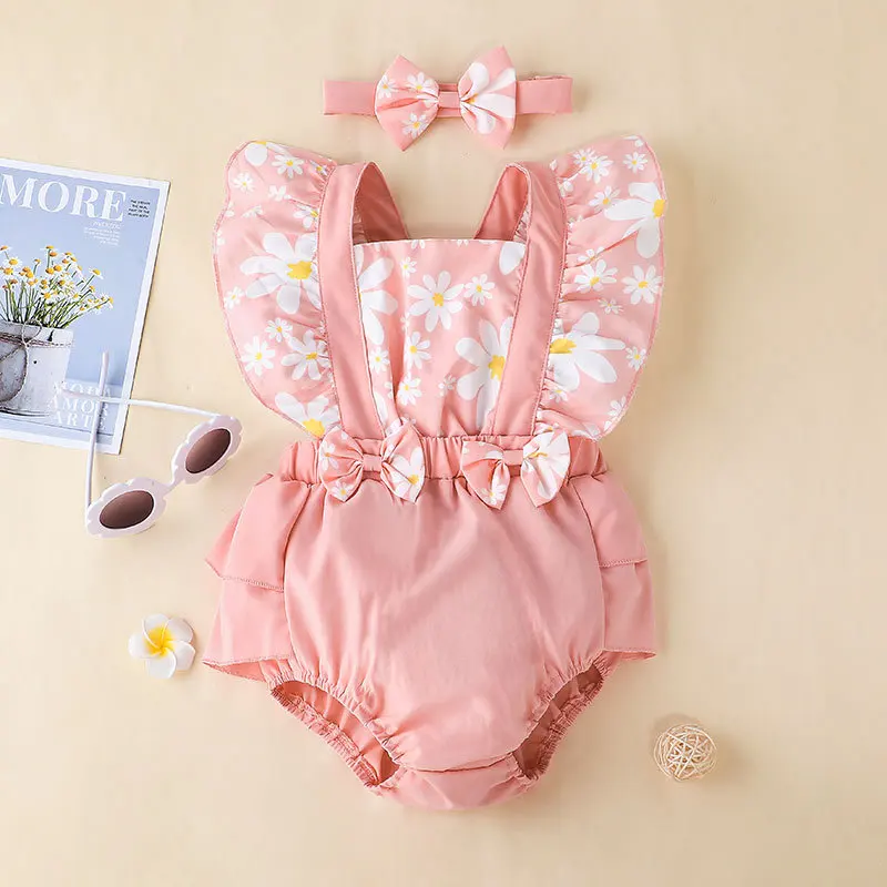 

Laura Kors New Summer Infant Newborn Boys Romper Sleeveless Print Daisy Bow Pink Baby Rompers Clothes Outfits 0-2T