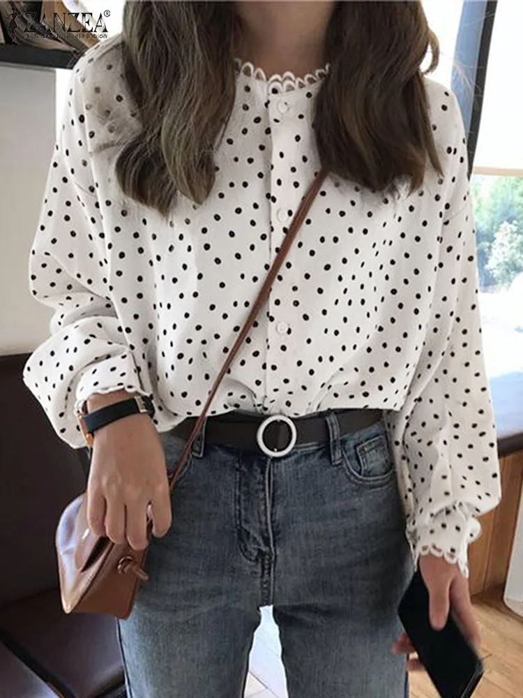 

ZANZEA Casual Lantern Sleeve Tunic Korean Women Blouse Elegant Dots Print Top Shirt 2024 Spring Vintage Round Neck Office Blusas