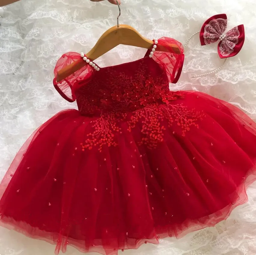 

Red Satin Bow Tulle Baby Girl Birthday Dress Lace Pearls Flower Girl Dress Tutu Outfit Infant Prom Gown Size 12M 24M