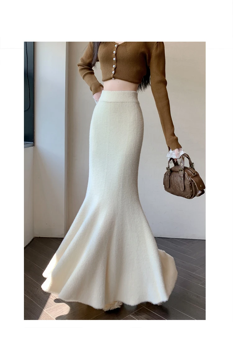 Autumn Winter High Waist Knitted Mohair Skirt Fishtail Design Front View