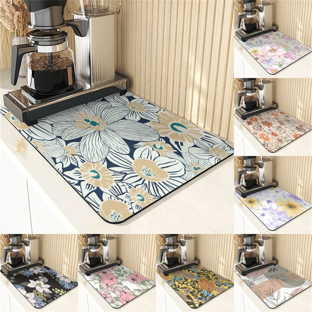 

Plant Style Absorbent Drying Mat For Kitchen Placemat Room Decor Cup Holder For Table Flowers Pattern Coasters For Coffee Cups