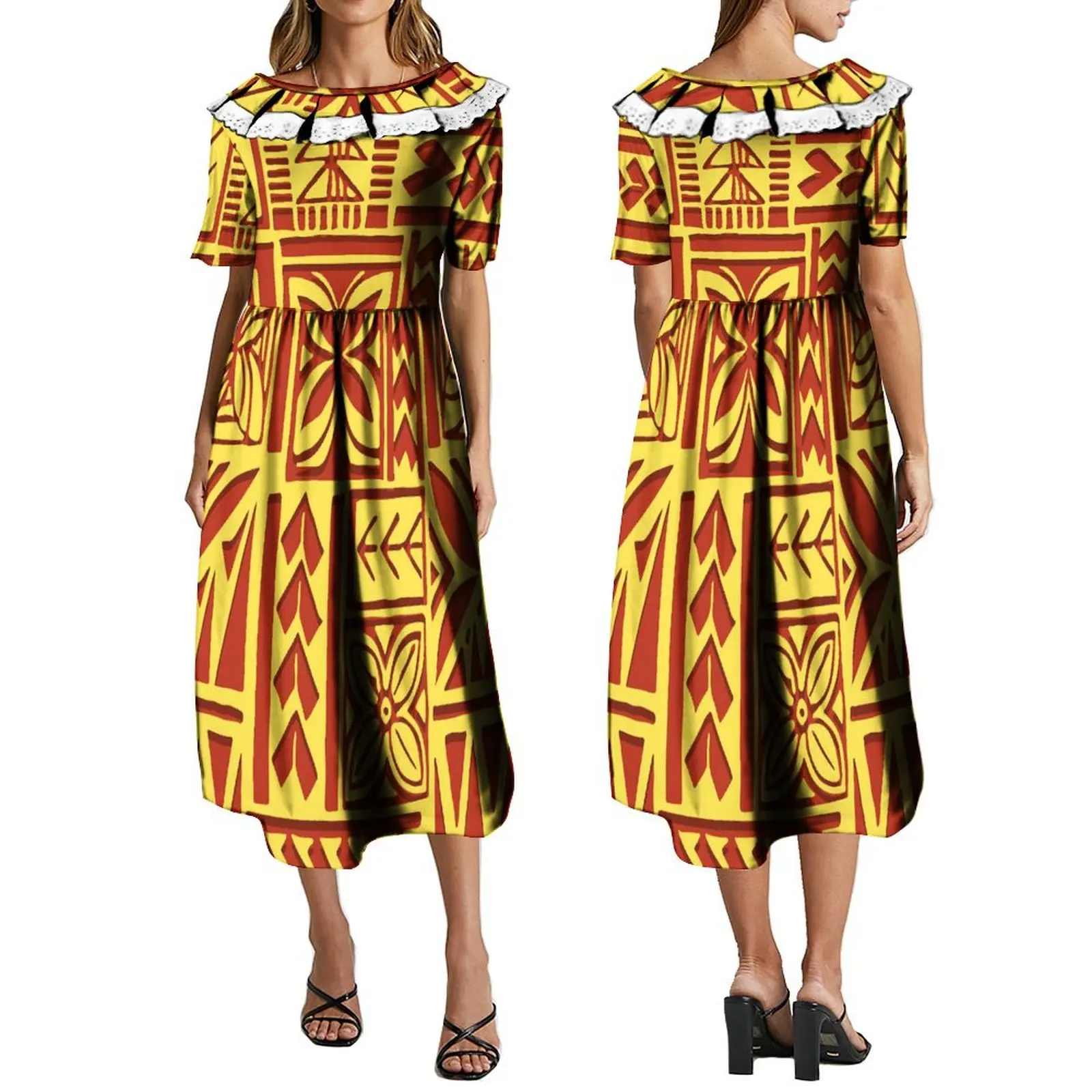 

2024 New Polynesian Women's Dress Summer Short Sleeve Ruffle Neckline Elegant Casual Dress Hawaiian Island Art Long Dress