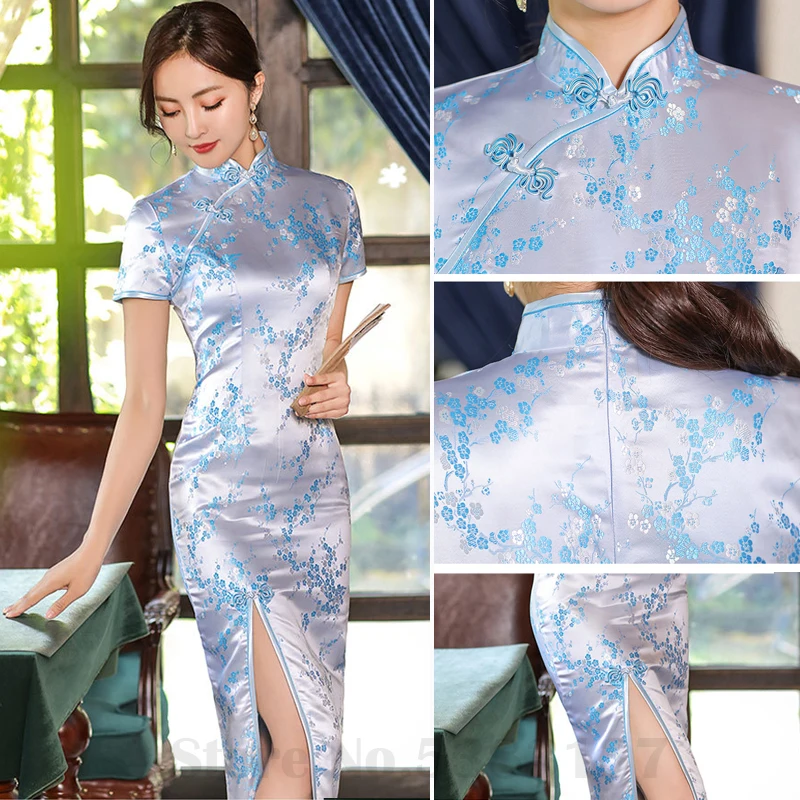 

Женское Атласное Вечернее платье Ципао, пикантное облегающее традиционное китайское праздничное платье с коротким рукавом, платье с принтом, 3XL, 4XL, лето 2024