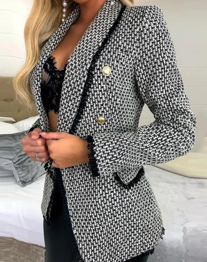 Women's Suit Jacket 2023 Winter New Fashion Elegant Lapel Double Breasted Fringe Hem Tweed Blazer Notched Workwear Female Coat
Women's Suit Jacket 2023 Winter New Fashion Elegant Lapel Double Breasted Fringe Hem Tweed Blazer Notched Workwear Female Coat