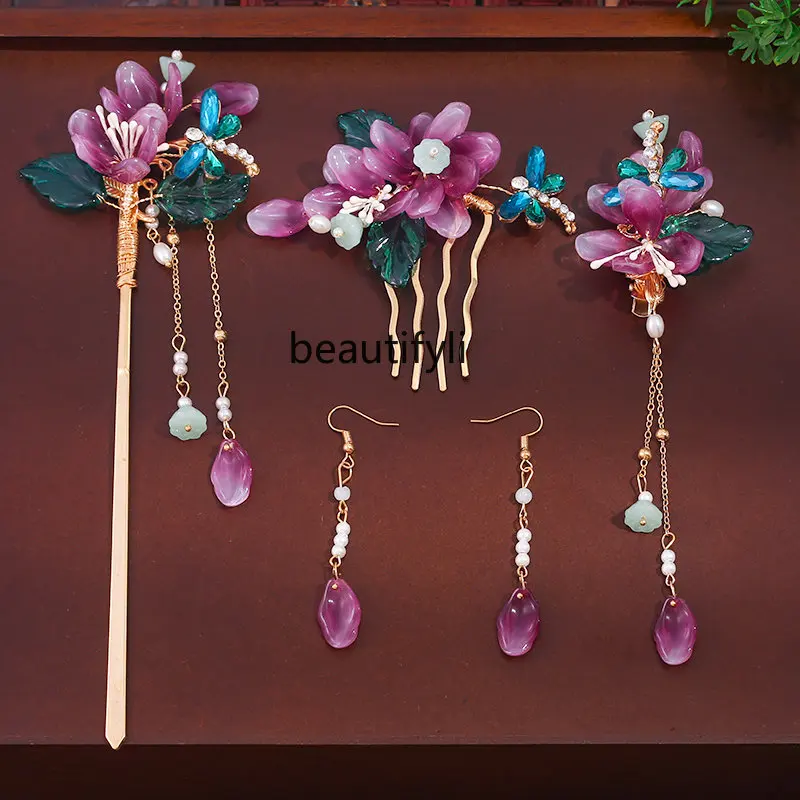 

yj Headdress for Han Chinese Clothing Tassel Step Shake Hair Pin Hair Comb Full Set of Fairy Ancient Style Hair Accessories Set