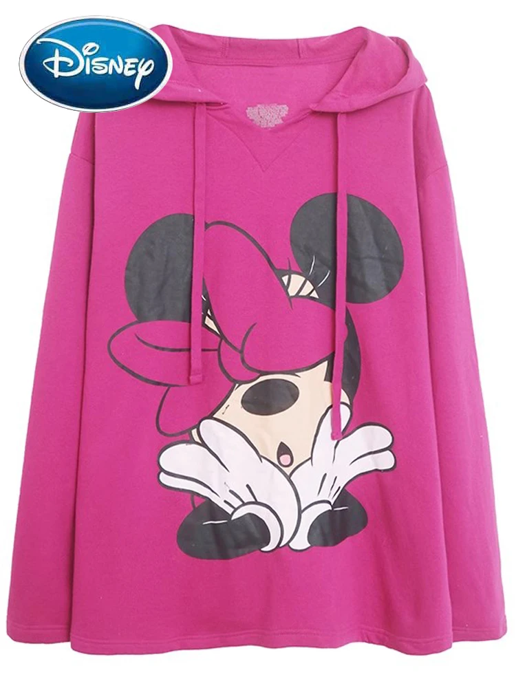 

Disney Minnie Mouse Bow Print Fleece Sweatshirt Sweet Women Hooded Pullover Long Sleeve Fleece Jumper Female Streetwear Top Pink