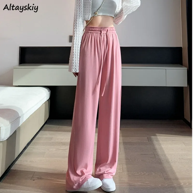 

Solid Pants Women Summer Girls Simple All-match Drape Lace-up Elastic Waist Designed Korean Fashion Mopping Leisure Slender Chic