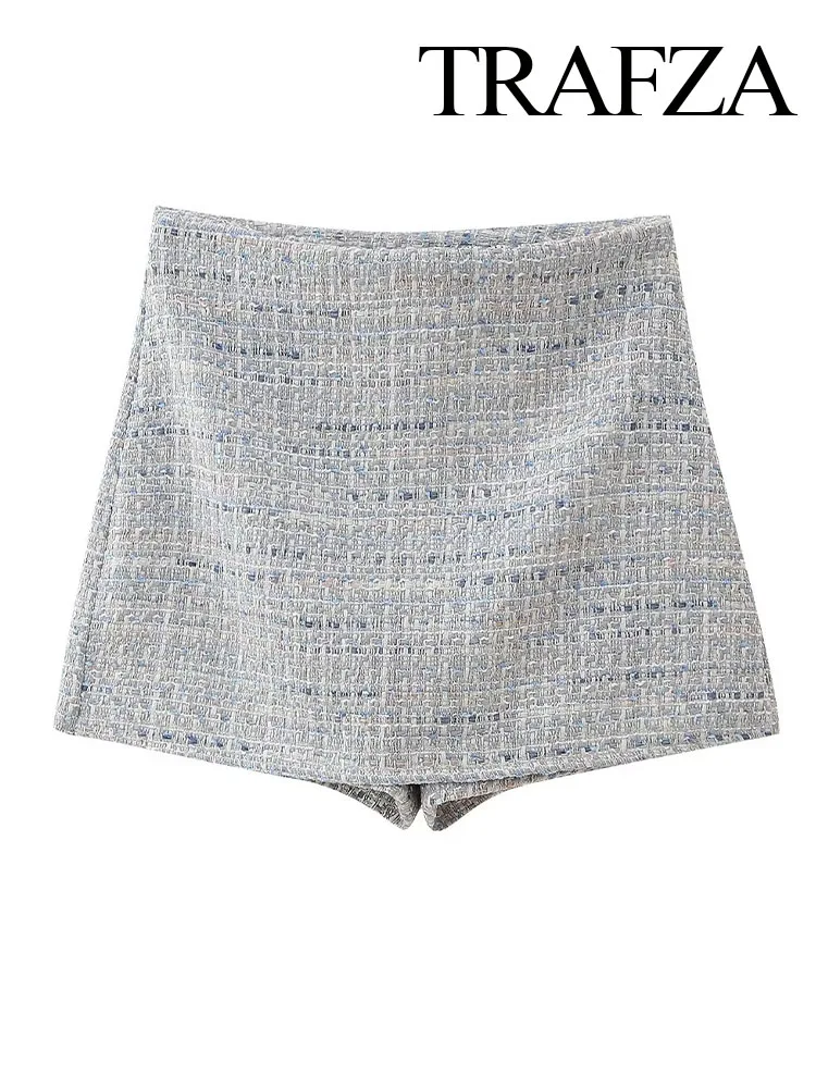 

TRAFZA Women Elegant Side Zipper High Waist Shorts Skirt Woman Vintage Chic Gingham Texture Slim Casual Mini Culottes Y2K