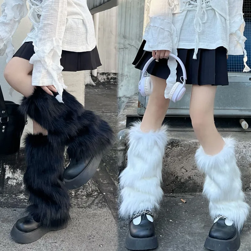 

Women Faux Fur Leg Warmers Y2K Goth White Black Furry Leg Warmers fashion Punk Boot Covers Girls Lolita Jk Knee-length Warm Sock