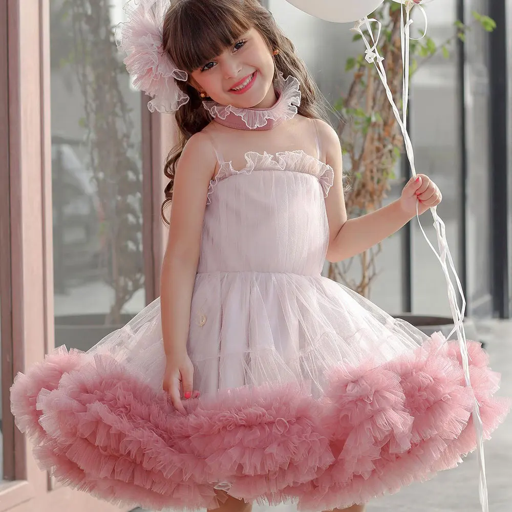 

Розовое Плиссированное Цветочное платье для девочки на свадьбу с открытыми плечами пышные без рукавов для малышей детей на день рождения и Первое причастие Бальные платья