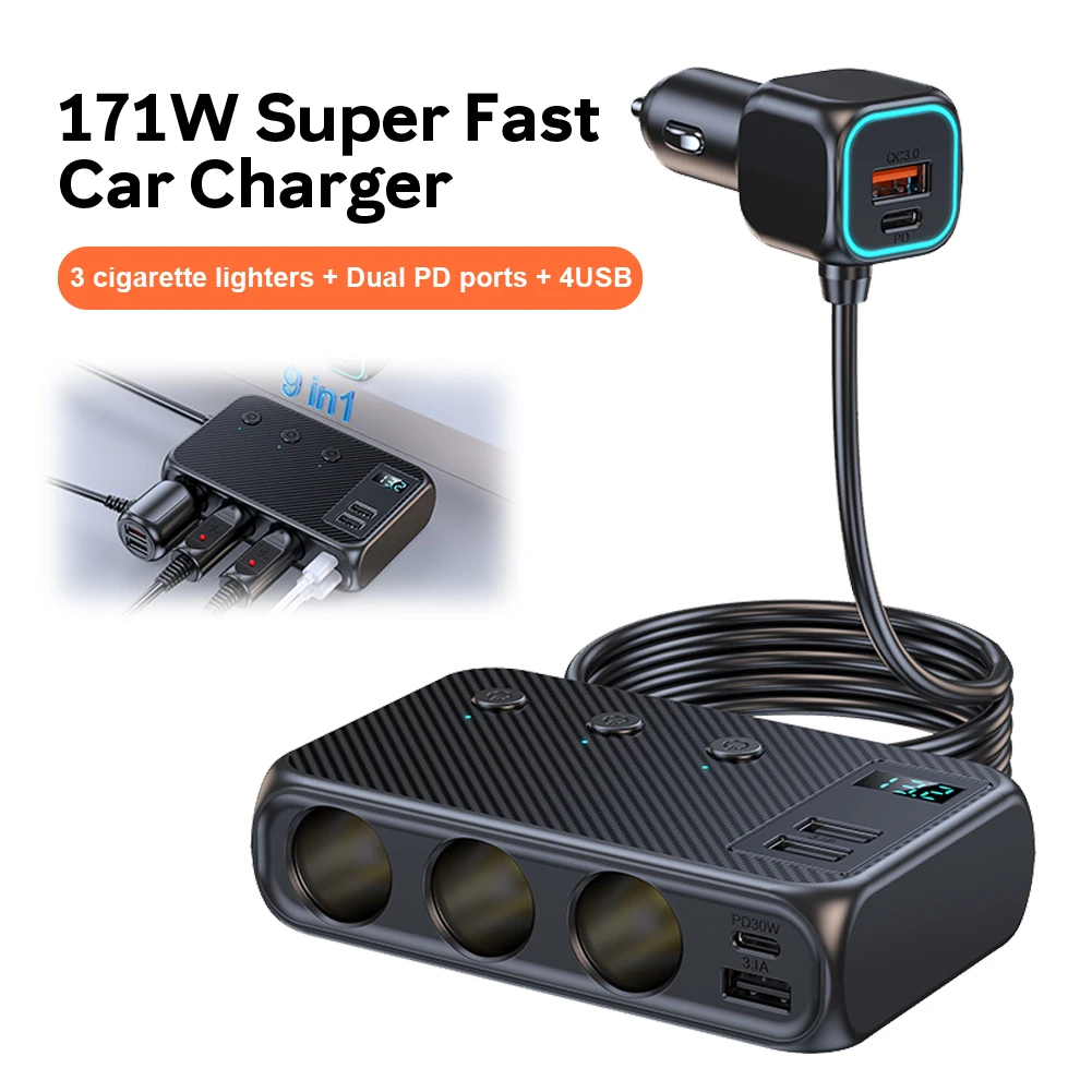 9 in 1 Car Charger Adapter 171W Cigarette Lighter PD30W Fast Charging Adapter Car Cigarette Lighter Socket Splitter With Switch
9 in 1 Car Charger Adapter 171W Cigarette Lighter PD30W Fast Charging Adapter Car Cigarette Lighter Socket Splitter With Switch
