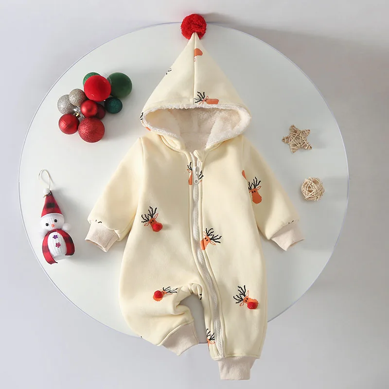 

2023, Новогодняя одежда, зимний комбинезон для маленьких мальчиков и девочек, утепленный Плюшевый комбинезон с капюшоном и мультяшным принтом, Рождественская одежда