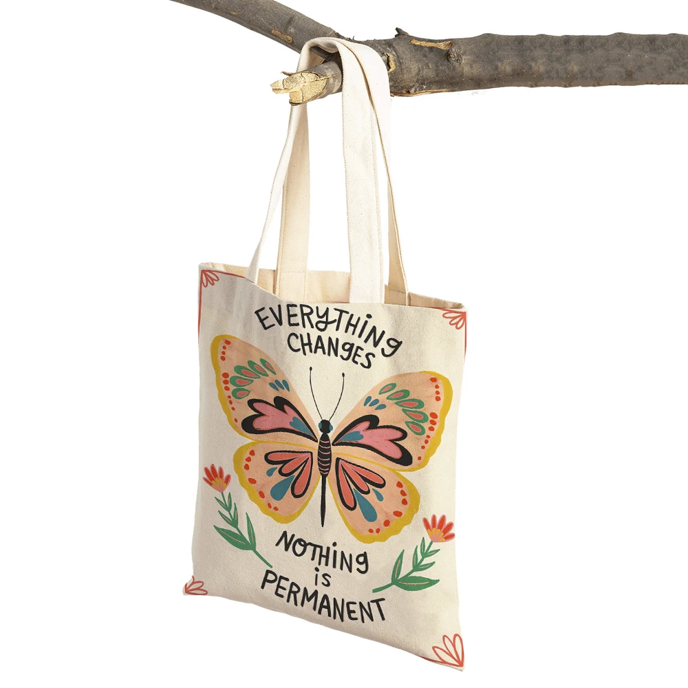 

Mushroom Butterfly Inspirational Quote Boho Nursery Double Print Shopping Bag Women Shopper Bags Lady Canvas Tote Women Handbag