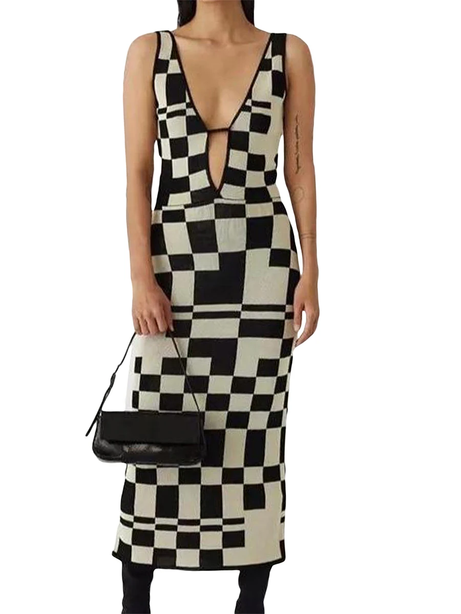 

Женское трикотажное платье-футляр, Летнее Длинное Платье в шахматную клетку с вырезом на спине и глубоким V-образным вырезом, платье-свитер средней длины без рукавов