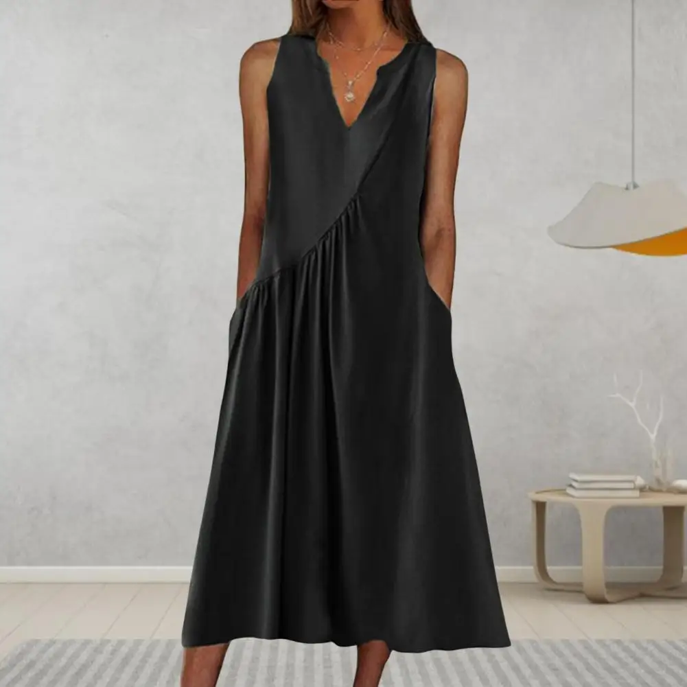 

Women Summer Dress Stylish V Neck Pleated A-line Midi Dress with Side Pockets for Women Elegant Solid Color Summer for Beach