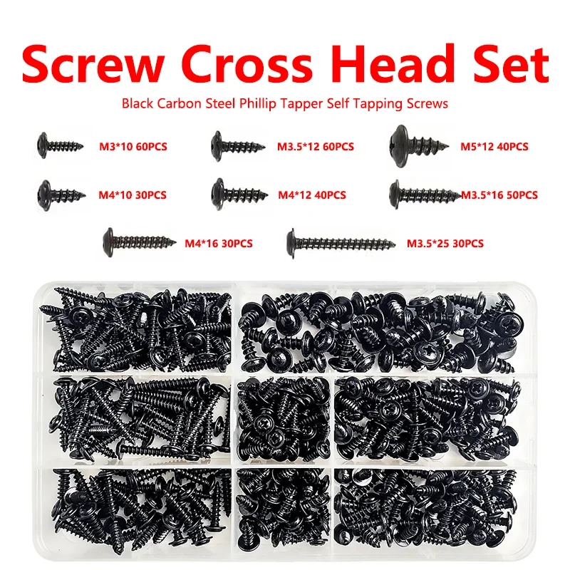 

340pcs/Box Cross Recesse Round Washer Head Screw Set Carbon Steel M3 M3.5 M4 M5 PWA Phillips Self Tapping Screw Assortment Kit