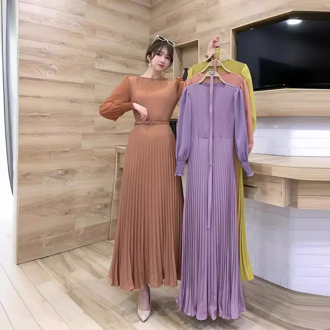 

Full Pleated Belted Maxi Dresses for Women Solid Color Vintage O-Neck A-line Formal Dress Casual Beach Long Swing Bodycon Dress