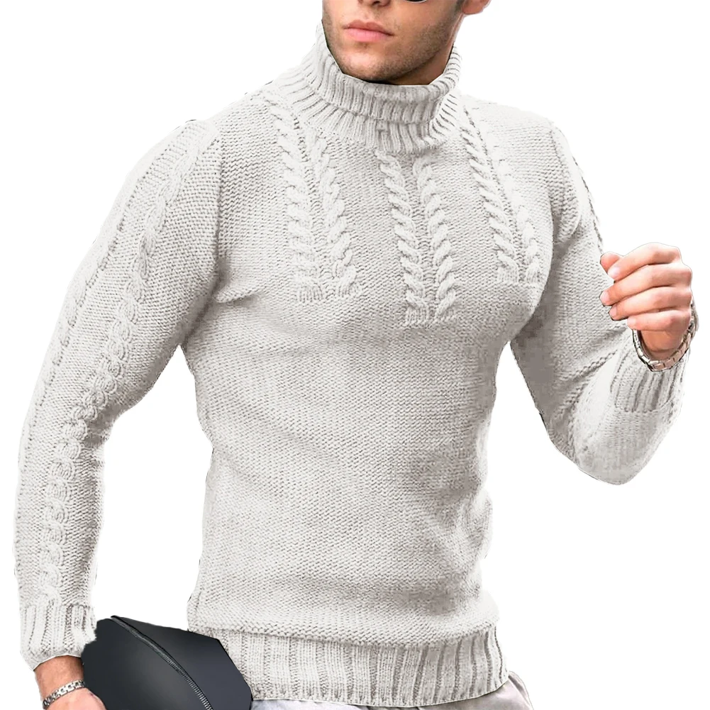 

New Men Winter Warm Turtleneck Slim Twisted Flower Long Sleeve Sweater Jumper Top Knitwear Solid Pullovers Male Knitted Sweater