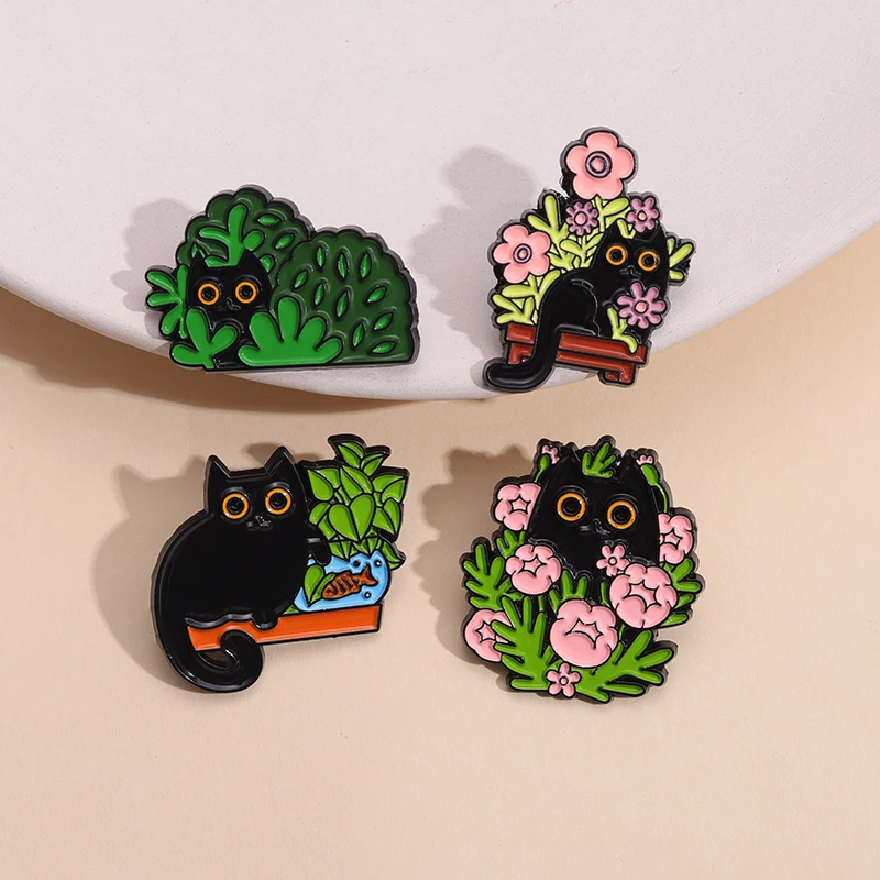 

Garden Cat Enamel Pin Custom Cactus Flower Plant Cartoon Brooches Metal For Women Kids Gift Badge Cartoon Animal Jewelry