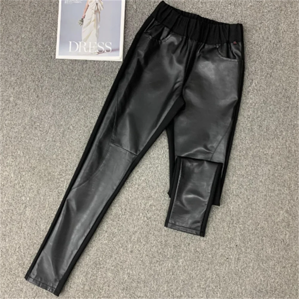 

New leather pants elastic waist pant sheep skin stitching stretch pencil pants women leather pants trend