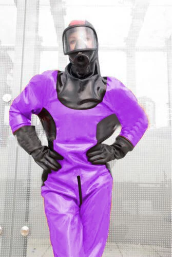 

100% Латекс 100% резиновый фиолетовый и черный полный чехол костюм пожарной размера XXS-XXL