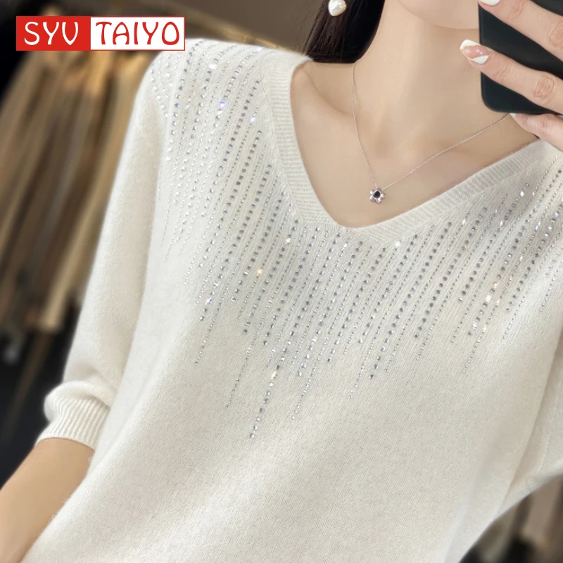 V-neck Pullover with Diamonds for Women, 100% Pure Merino Wool Sweater Diamond-encrusted Half Sleeve Knitted Shirt High Quality
V-neck Pullover with Diamonds for Women, 100% Pure Merino Wool Sweater Diamond-encrusted Half Sleeve Knitted Shirt High Quality