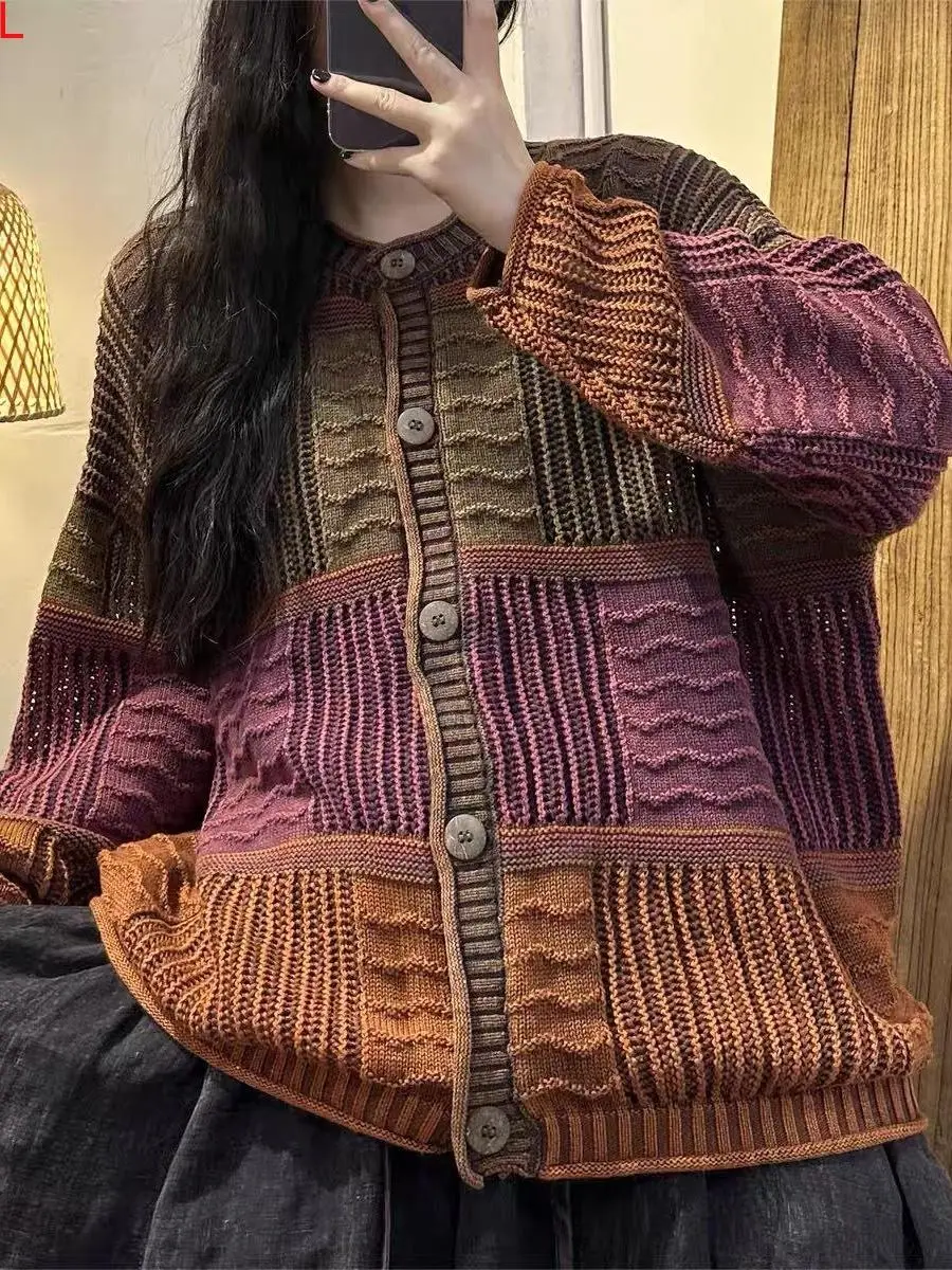 Autumn Vintage Literary Versatility Loose Casual Long Sleeves Sweater Women's Knit Color-block Single Breasted O-neck Cardigan
Autumn Vintage Literary Versatility Loose Casual Long Sleeves Sweater Women's Knit Color-block Single Breasted O-neck Cardigan
