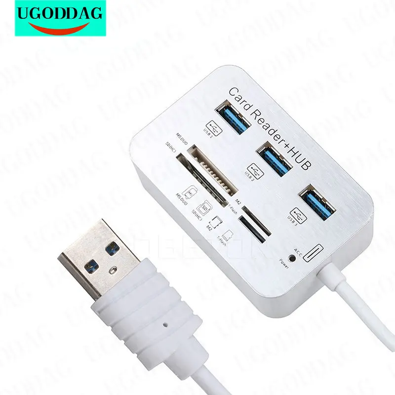 

3 Ports Mini USB HUB Memory Card Reader USB 3.0 Hub Aluminum With MS SD M2 TF Multi-In-1 Card Reader For Computer White