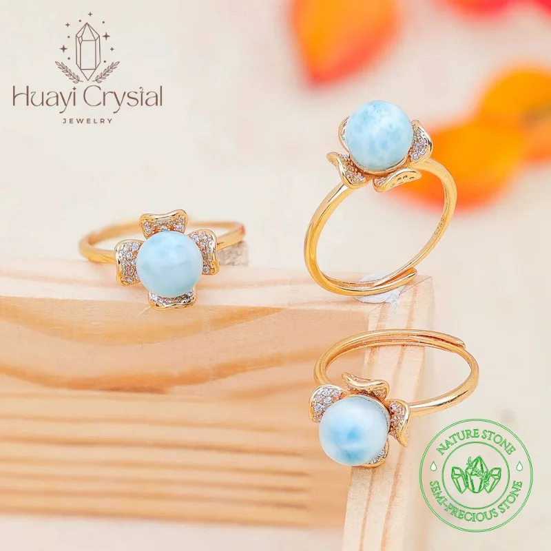 

HUAYI Original Designs Luxury flower Dominican Natural Larimar ring Adjustable brass 18k Gold Plated fashion Jewellery for women